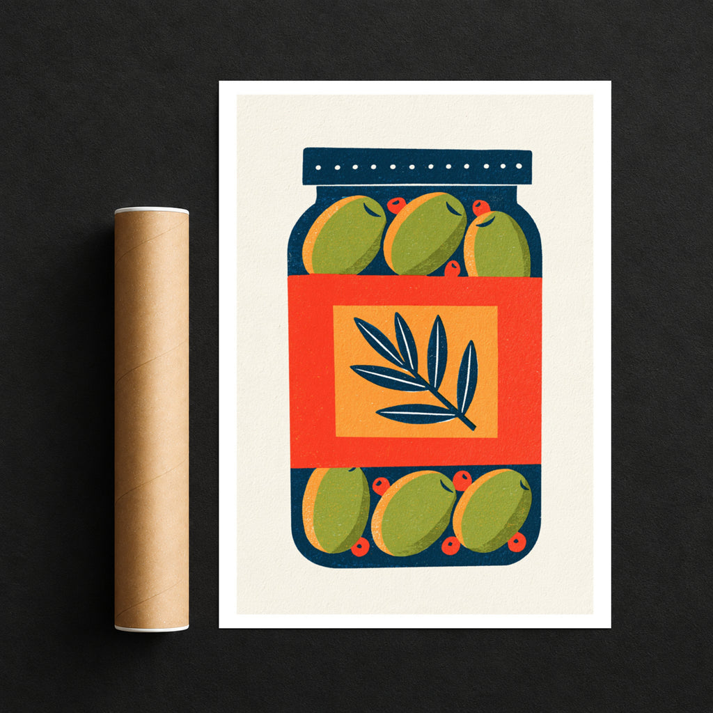 Olive Jar Print, Vintage Food Poster Print, Olive Jar Retro Mid Century Risograph, Rustic Kitchen Decor Wall Art