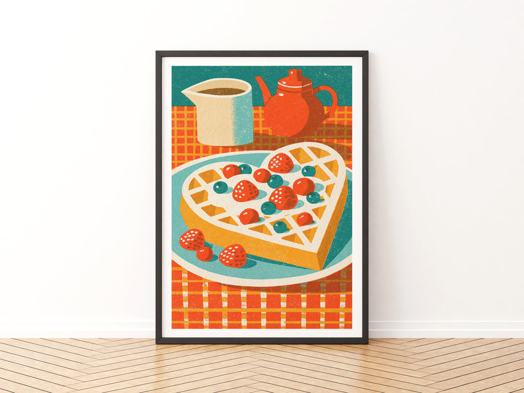 Vintage Food Poster Print, Heart Waffle Retro Mid Century Risograph, Rustic Kitchen Decor Art