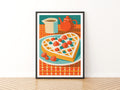 Vintage Food Poster Print, Heart Waffle Retro Mid Century Risograph, Rustic Kitchen Decor Art