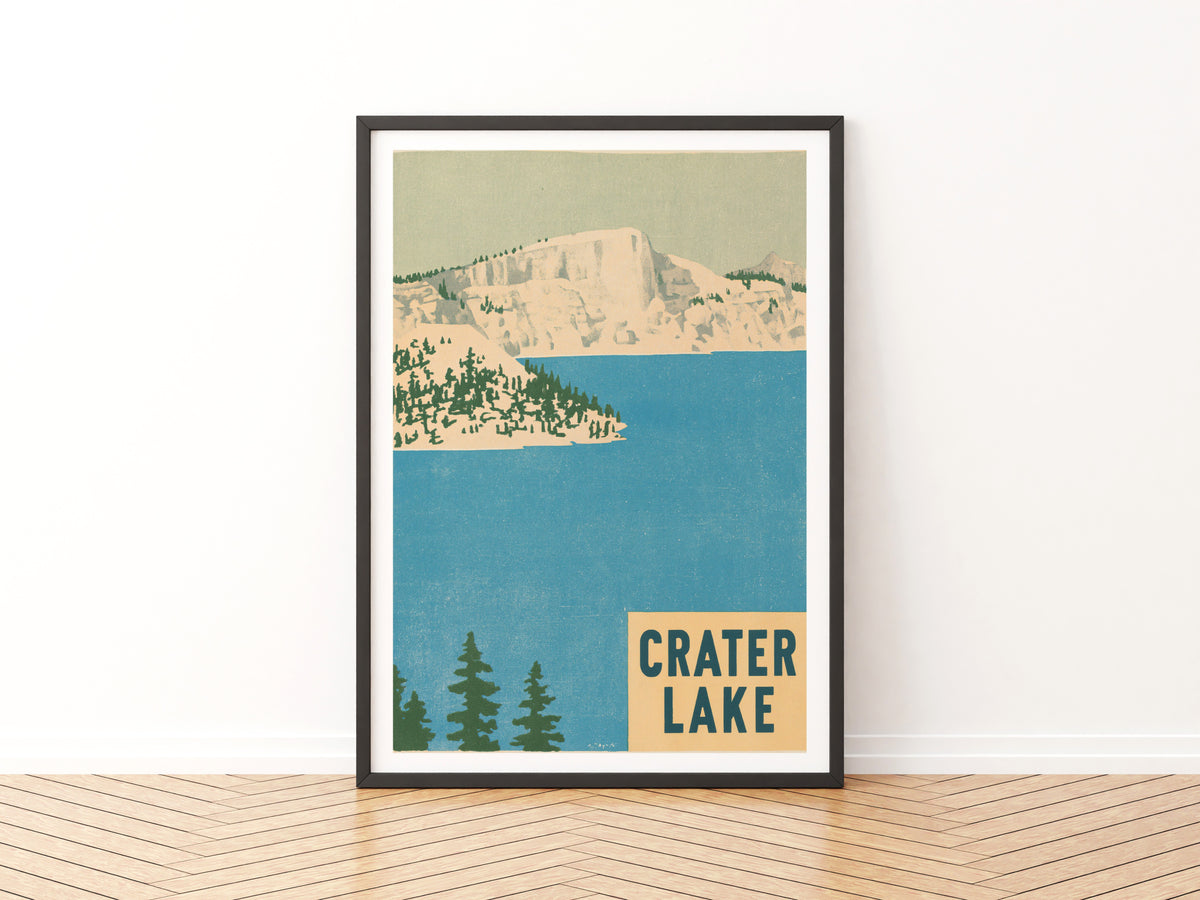 Retro Crater Lake Poster, Vintage Travel Print, Oregon National Park Wall Art, Blue Lake Decor