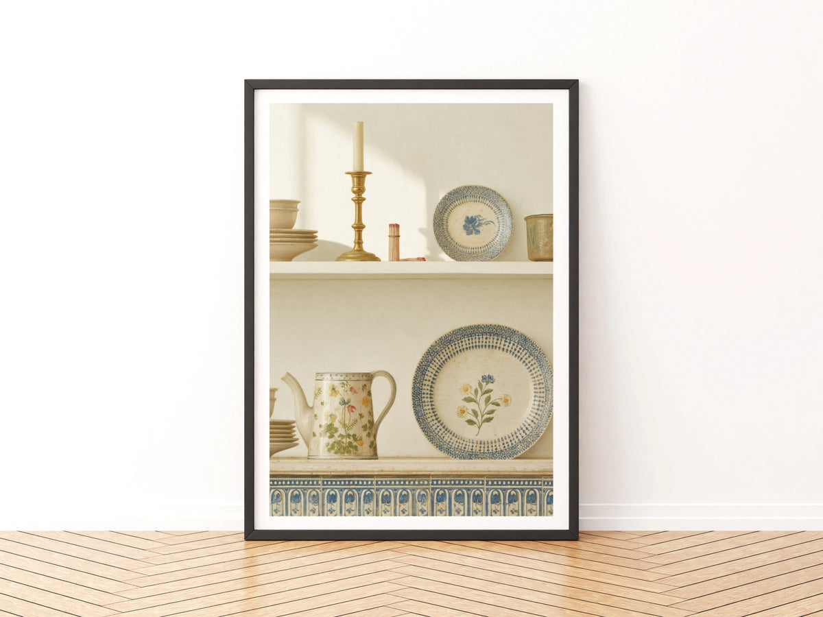 Classic Kitchen Shelf Print, Vintage Pottery Wall Art, Blue Floral Ceramic Poster, Cottagecore