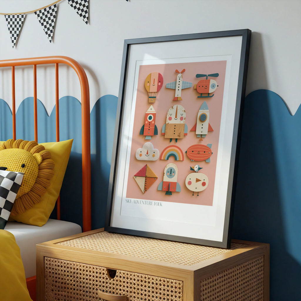Sky Adventure Folk Retro Kids Print, Wooden Toy Art, Children's Collectable Nursery Poster