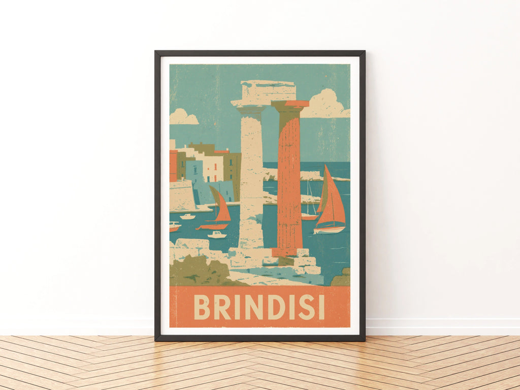 Brindisi Vintage Travel Poster, Italy Retro Wall Art Print, Puglia Sailing Harbour
