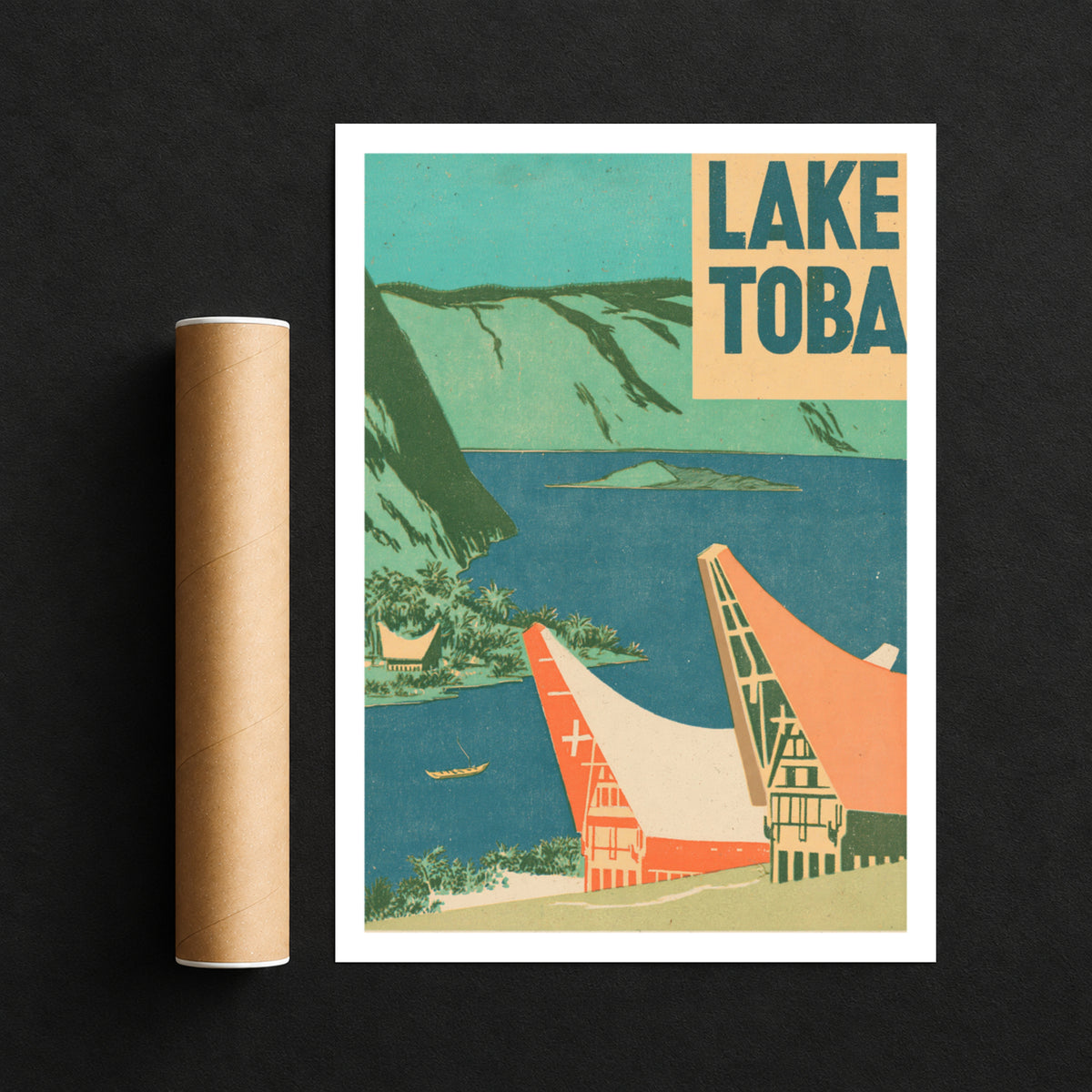 Retro Lake Toba Print, Vintage Travel Poster, Sumatra Indonesia Wall Art, Batak House Art Print