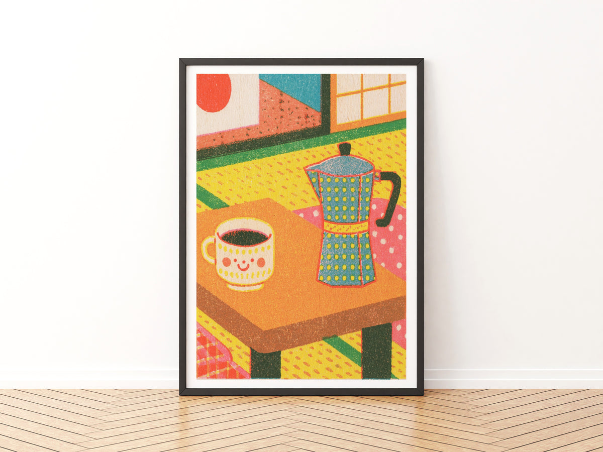 Retro Coffee Wall Art, Vintage Kitchen Print, Japanese Tatami Room Poster, Moka Pot Illustration