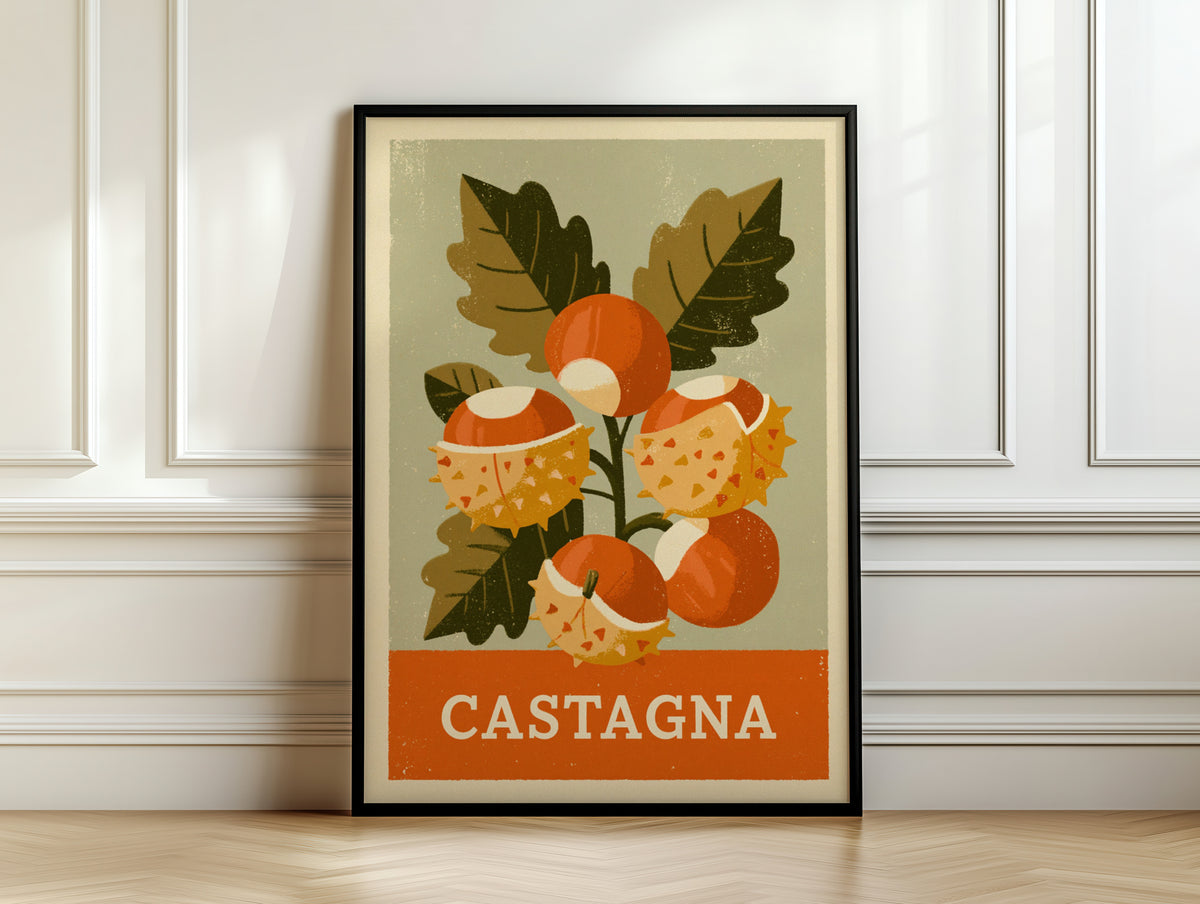 Retro Castagna Chestnut Print, Vintage Food Poster, Kitchen Wall Art, Italian Autumn Botanical Decor
