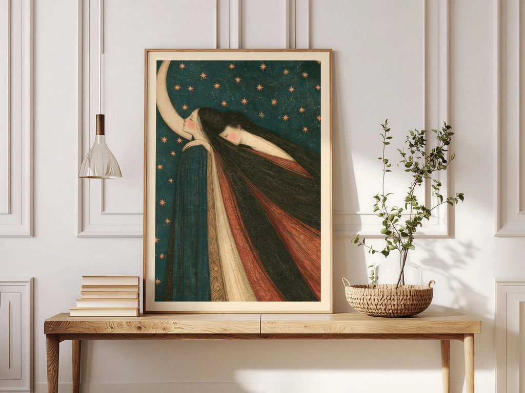 Celestial Moon Wall Art, Art Nouveau Poster, Dreamy Night Sky Print, Mystical Women Stars Decor