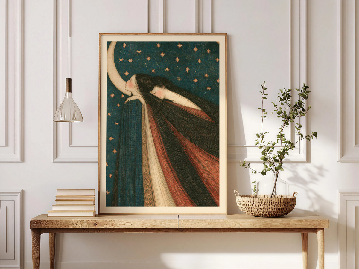 Celestial Moon Wall Art, Art Nouveau Poster, Dreamy Night Sky Print, Mystical Women Stars Decor
