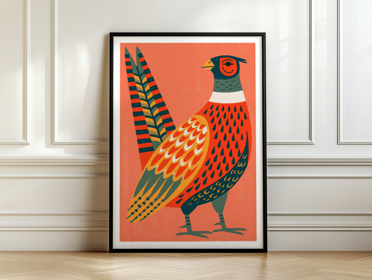Retro Pheasant Wall Art, Vintage Style Bird Print, Folk Art Poster, Coral Orange Kitchen Decor