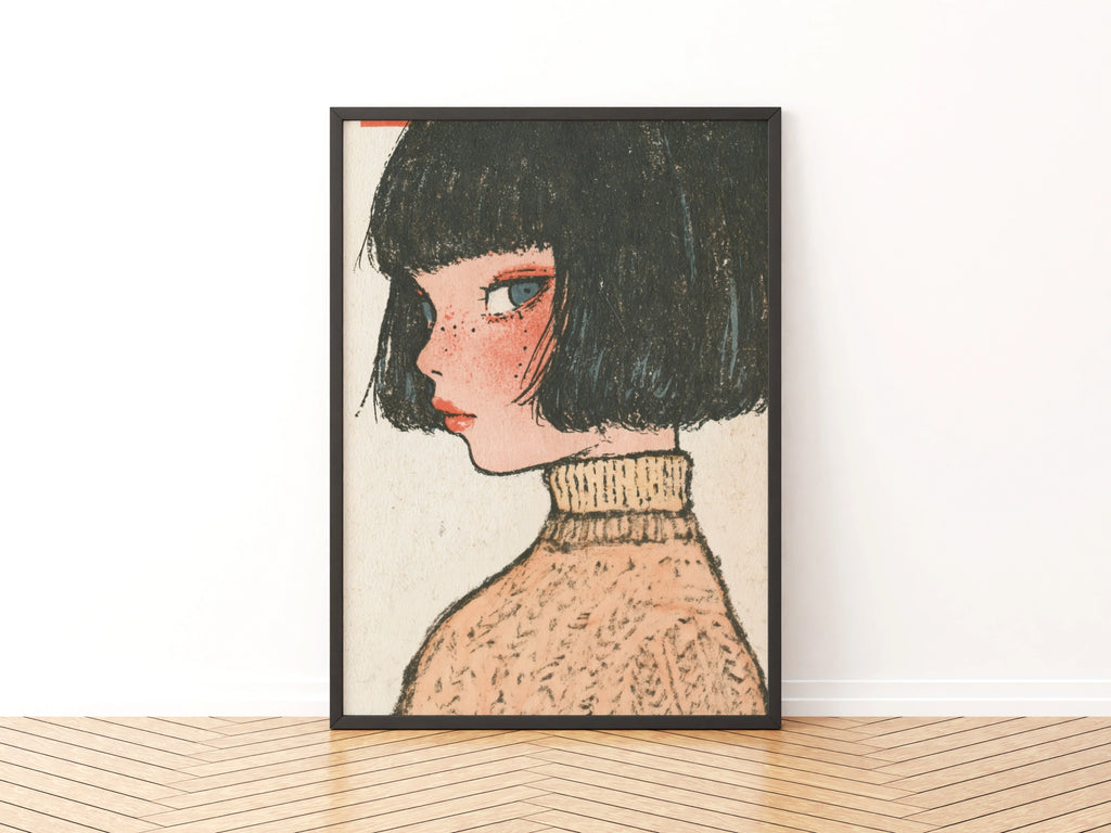 Retro Kawaii Girl Portrait Poster, Bob Hair Freckles Art Print, Vintage Illustrated Woman Wall Art