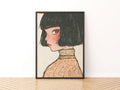 Retro Kawaii Girl Portrait Poster, Bob Hair Freckles Art Print, Vintage Illustrated Woman Wall Art
