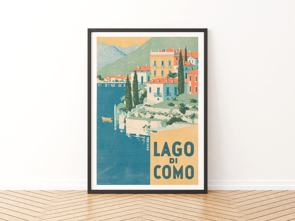 Retro Lago di Como Poster, Vintage Travel Print, Italian Lake Wall Art, Lake Como Villas Artwork