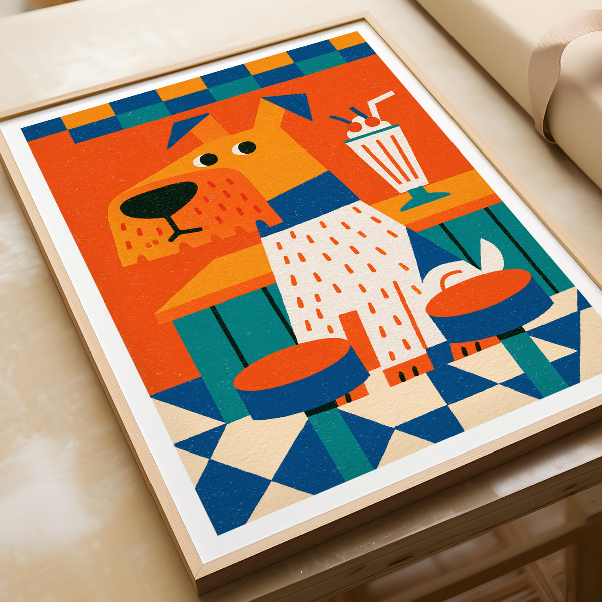 Retro Diner Dog Poster, Vintage Milkshake Wall Art, Colourful Fun Dog Print for Kitchen