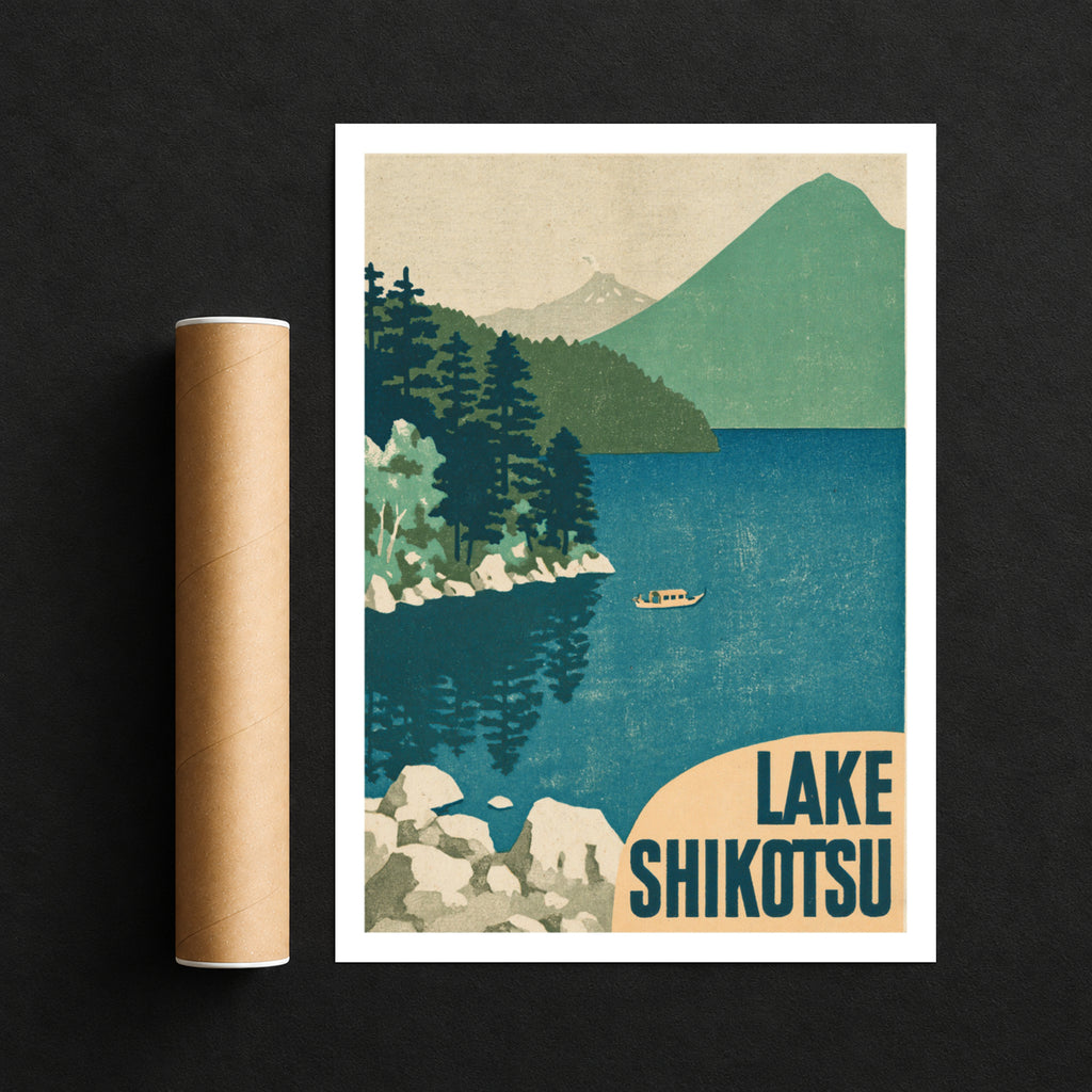 Retro Lake Shikotsu Poster, Vintage Travel Print, Hokkaido Japan Wall Art, Japanese Lake Scene