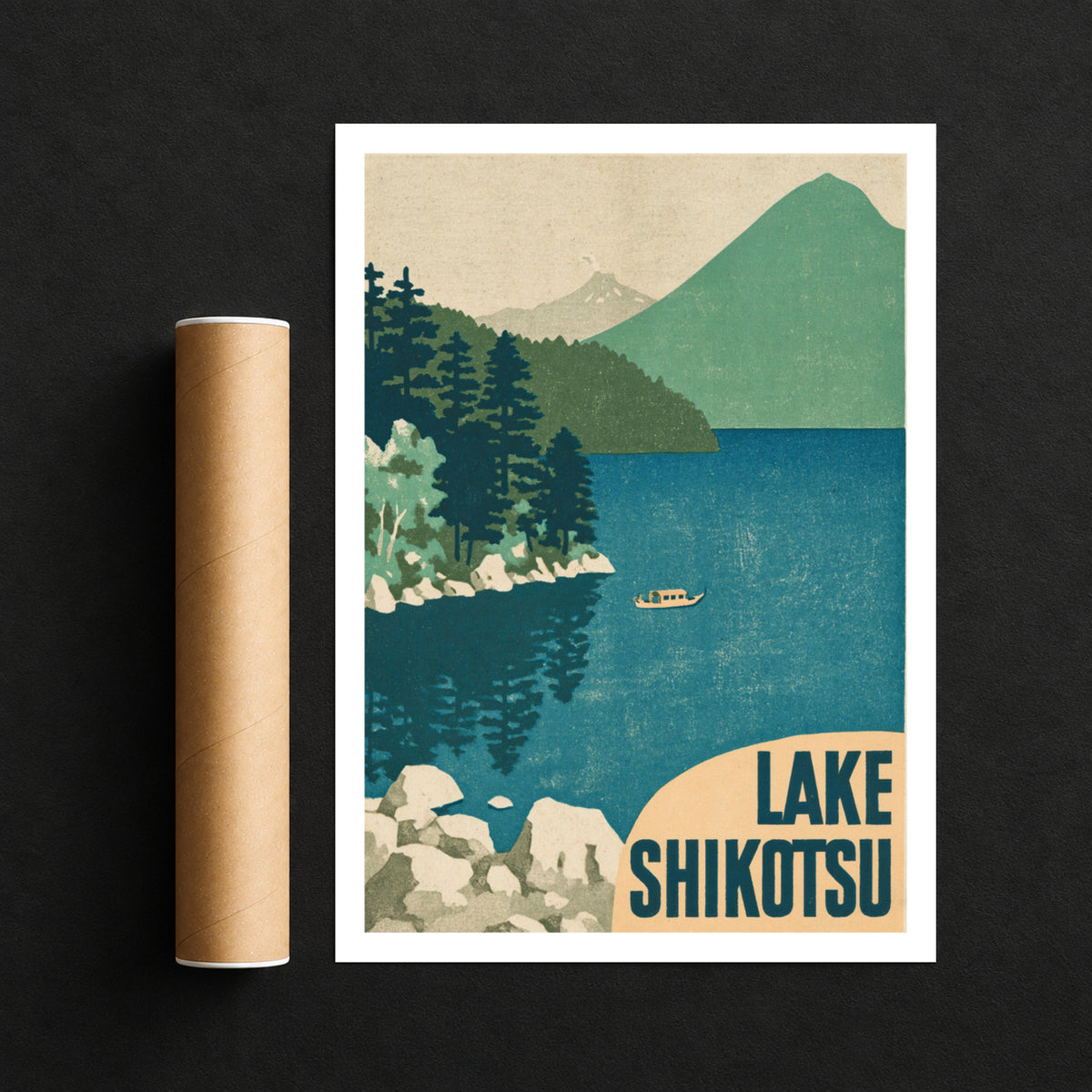 Retro Lake Shikotsu Poster, Vintage Travel Print, Hokkaido Japan Wall Art, Japanese Lake Scene