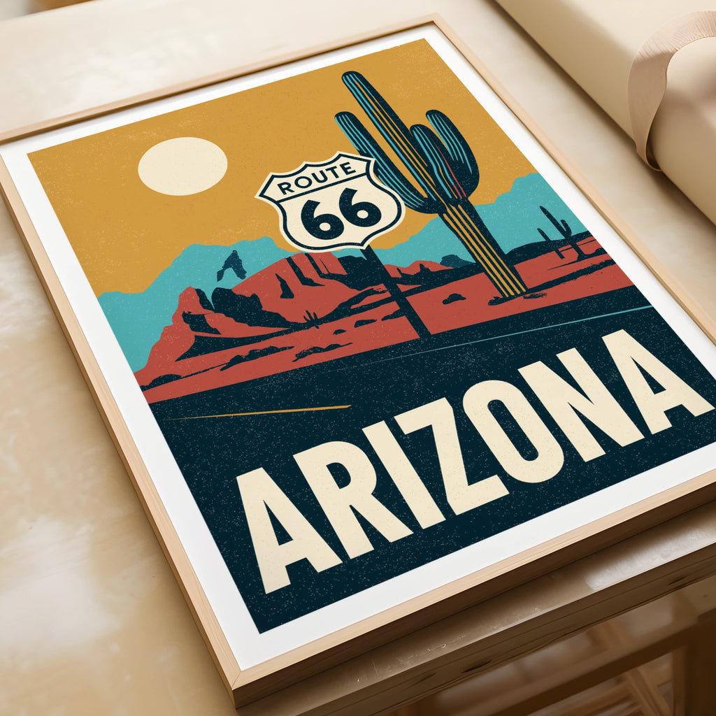 Arizona Route 66 Retro Travel Poster, USA Desert Wall Art, Cactus Road Trip Print