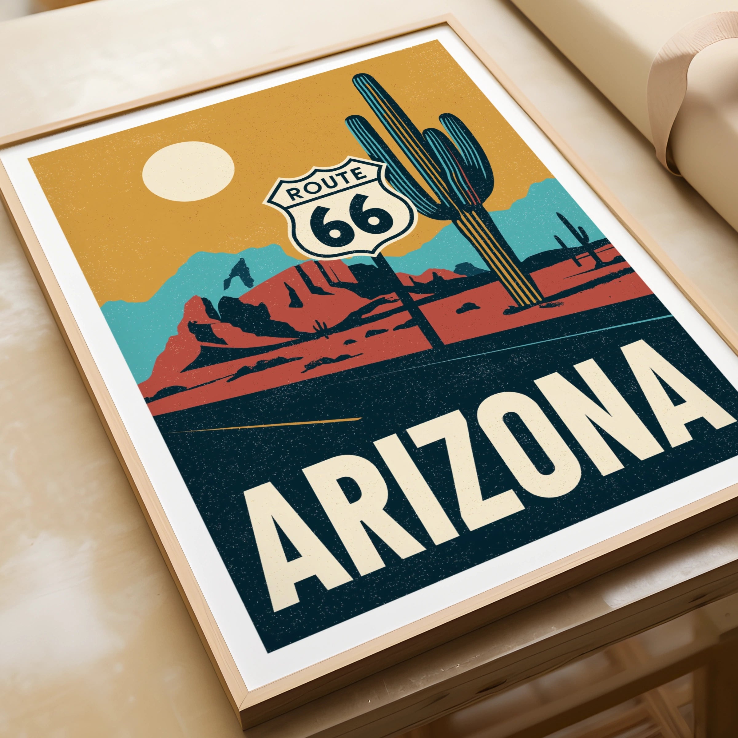 Arizona Route 66 Retro Travel Poster, USA Desert Wall Art, Cactus Road Trip Print