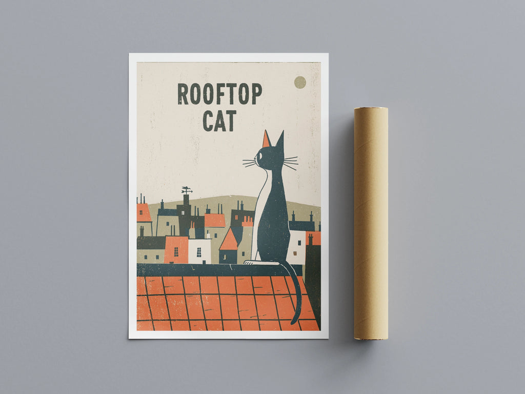 Rooftop Cat Print, Retro Black Cat Wall Art, Folk Style Cat Lover Gift, Vintage Town