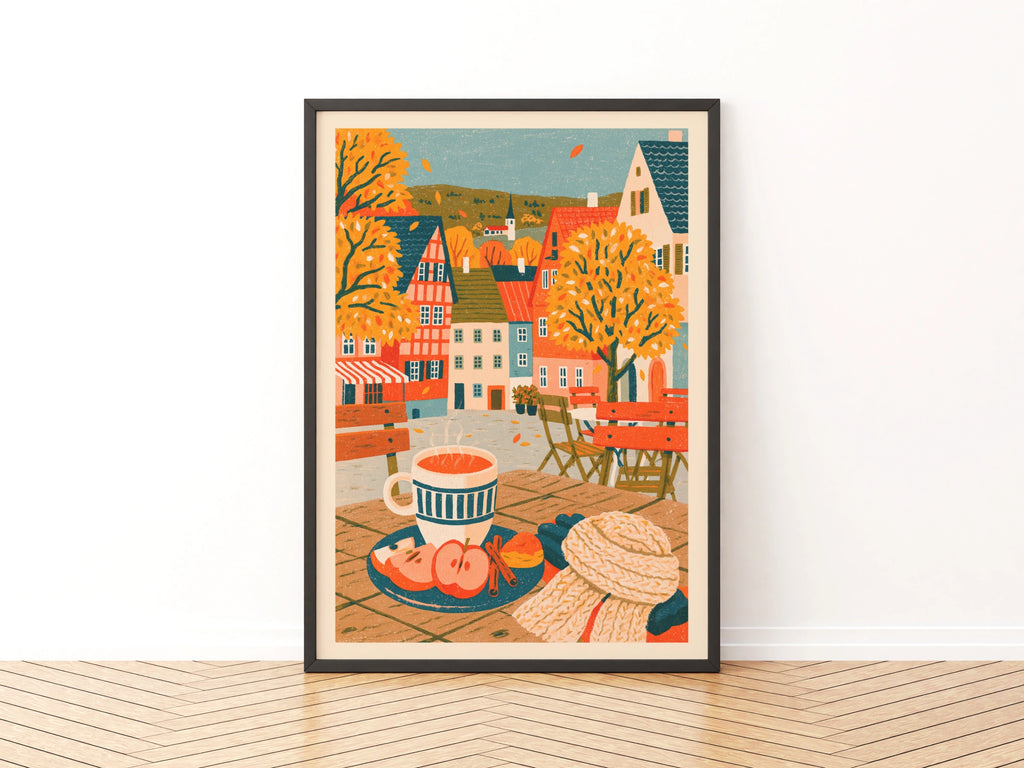Vintage Food Poster Print, Autumn Cafe Scene, Rustic Kitchen Decor, Retro Mid Century Risograph Art