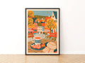 Vintage Food Poster Print, Autumn Cafe Scene, Rustic Kitchen Decor, Retro Mid Century Risograph Art
