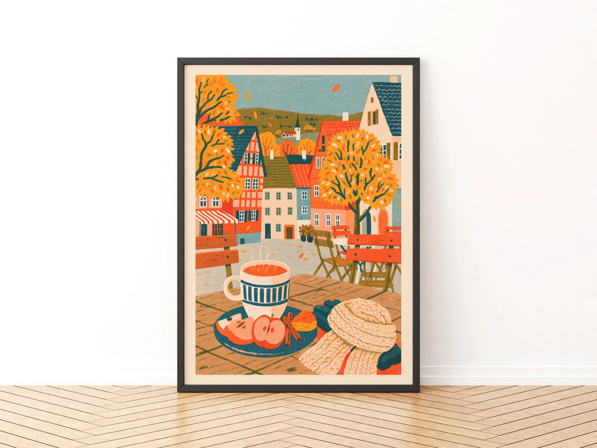 Vintage Food Poster Print, Autumn Cafe Scene, Rustic Kitchen Decor, Retro Mid Century Risograph Art