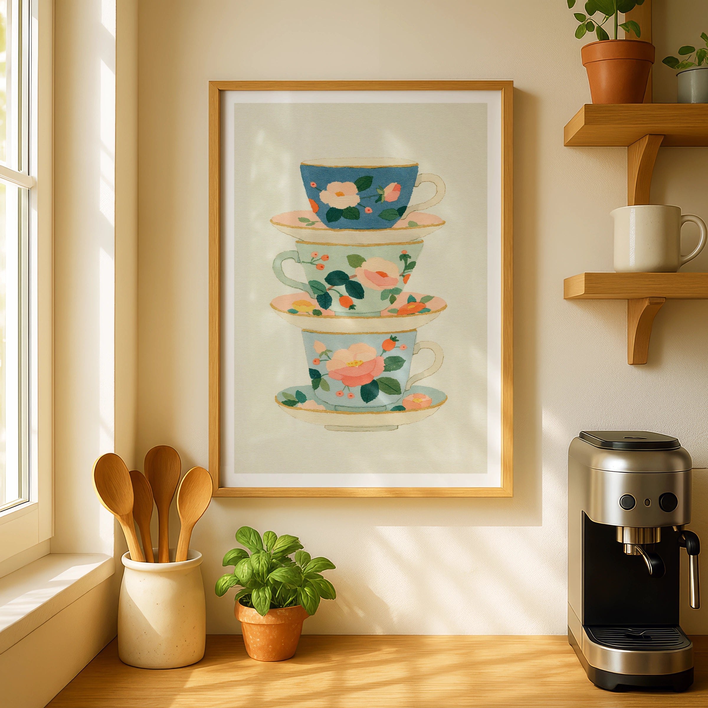 Vintage Food Poster Print, Stacked Teacups, Rustic Kitchen Decor, Floral Tea Art