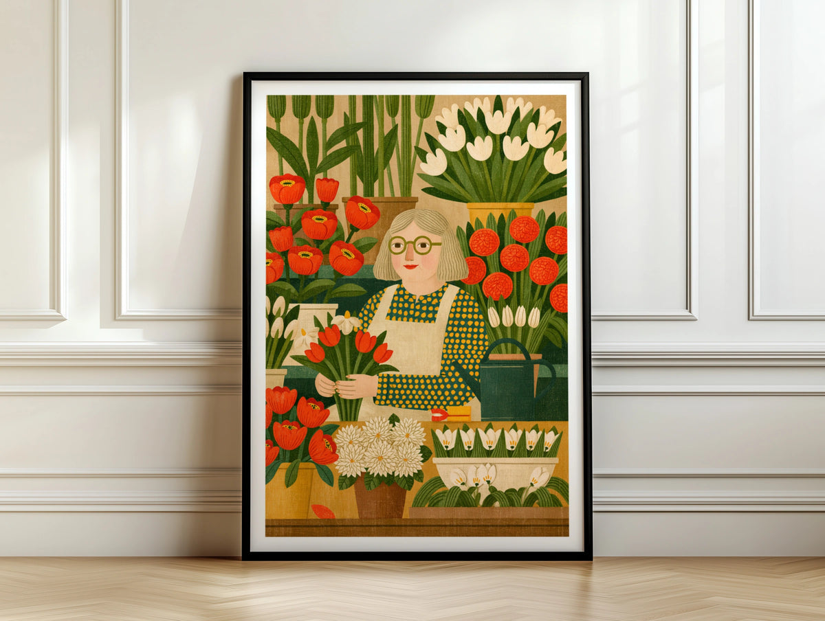 Vintage Florist Poster, Flower Shop Wall Art, Retro Botanical Print, Red Tulips Illustration