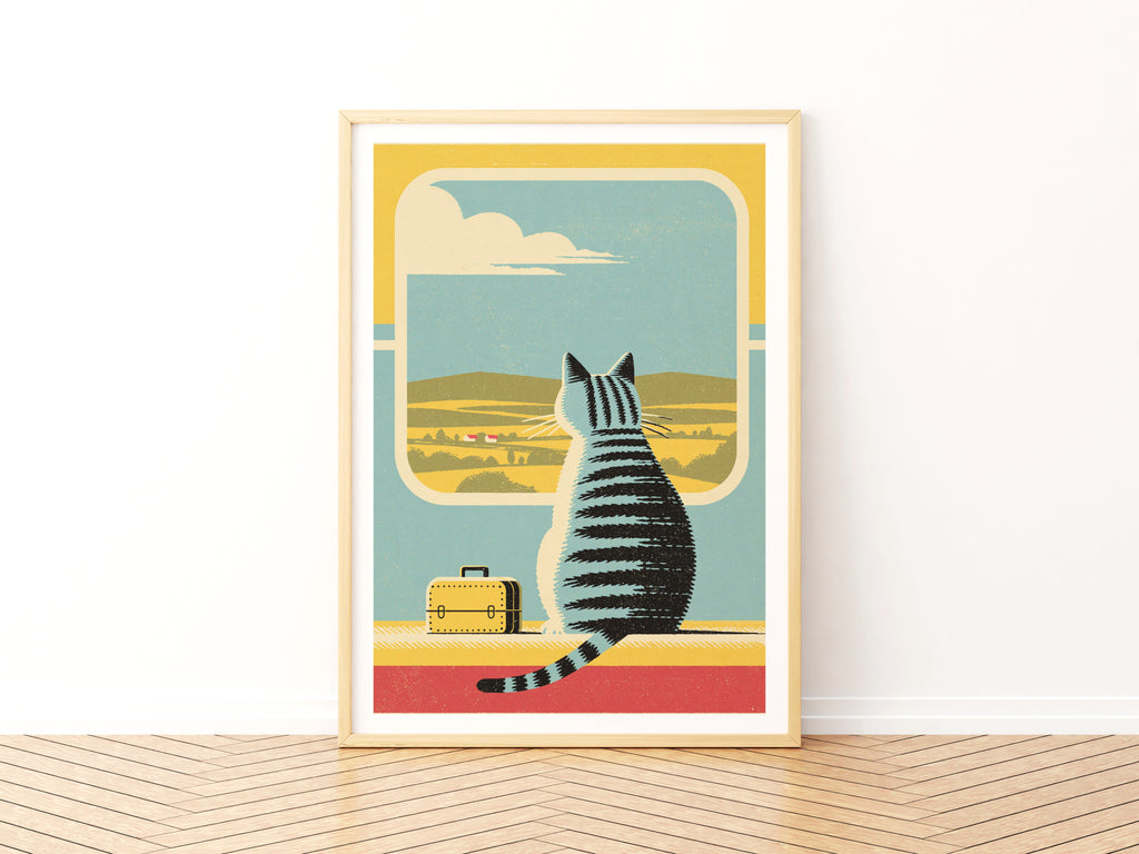 Retro Cat Train Travel Print, Tabby Cat Wall Art, Vintage Folk Style Animal Art, Cat Lover Gift