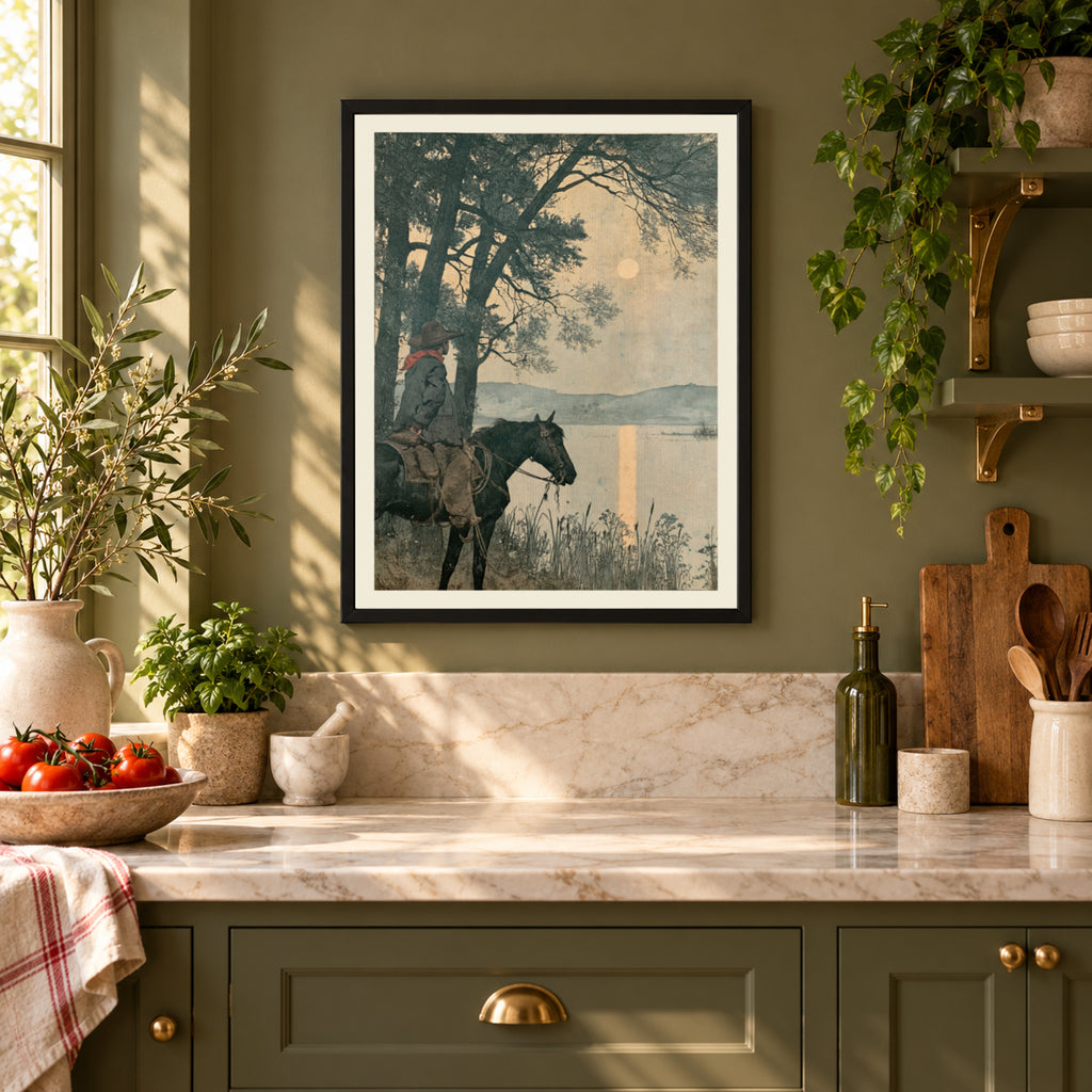 Vintage Cowboy on Horseback Print, Moonlit Lake Western Wall Art, Rustic Nature Landscape Poster