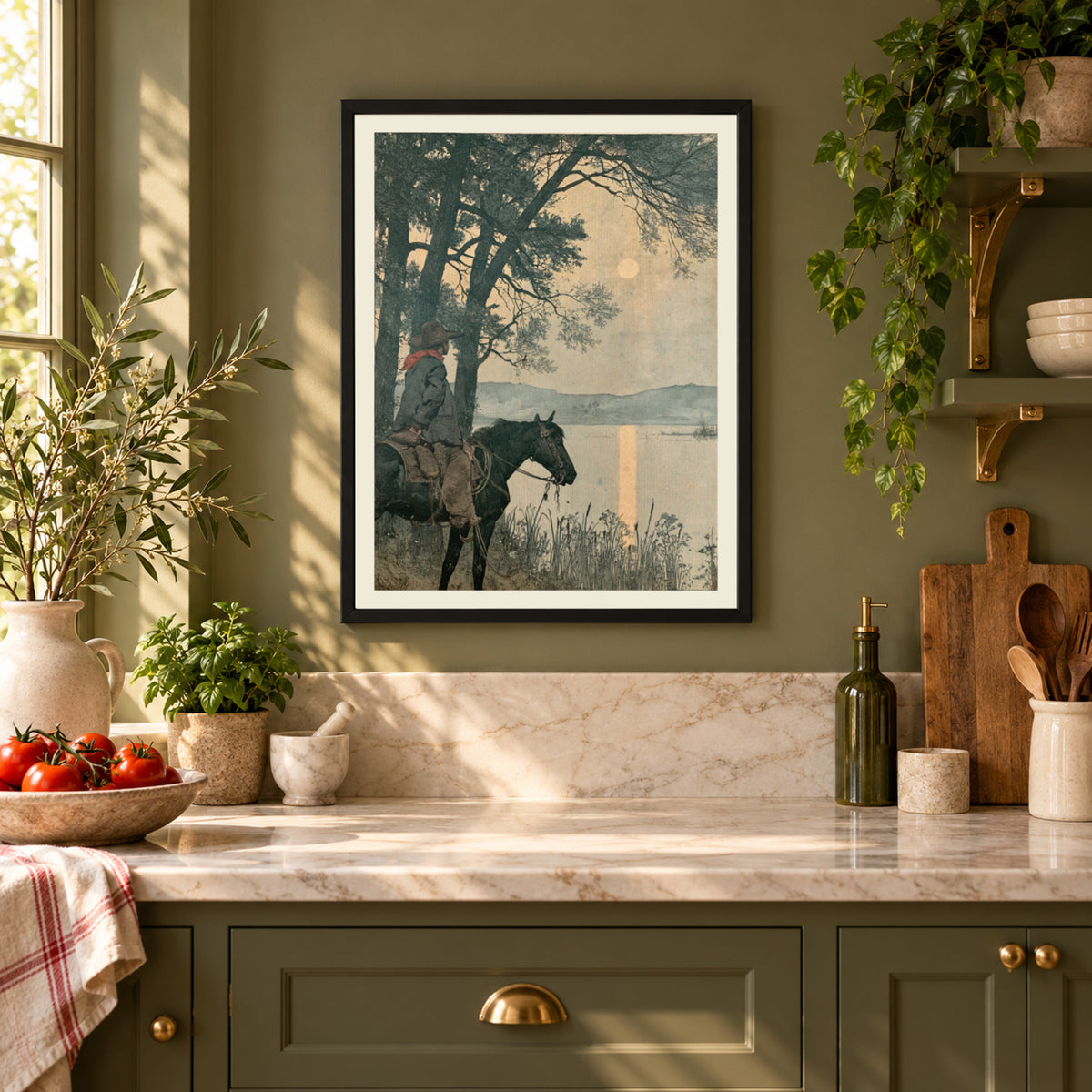 Vintage Cowboy on Horseback Print, Moonlit Lake Western Wall Art, Rustic Nature Landscape Poster