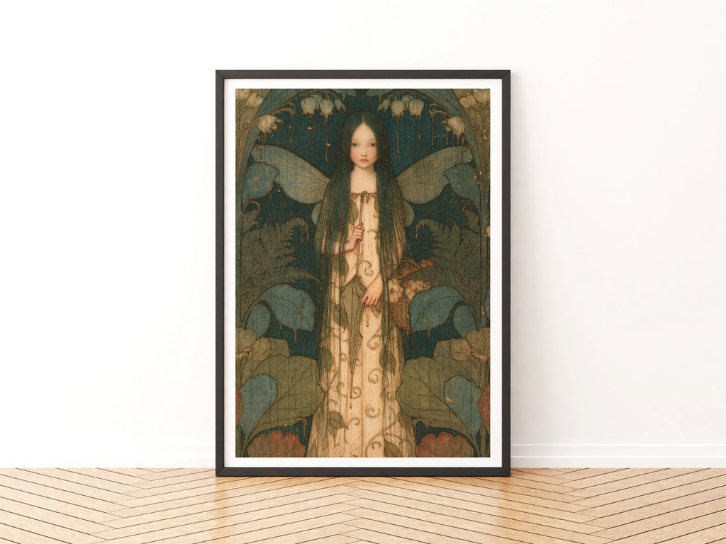 Rain Fairy Girl Art Nouveau Print, Classic Inspired Folk Art, Teal Floral Fantasy Poster