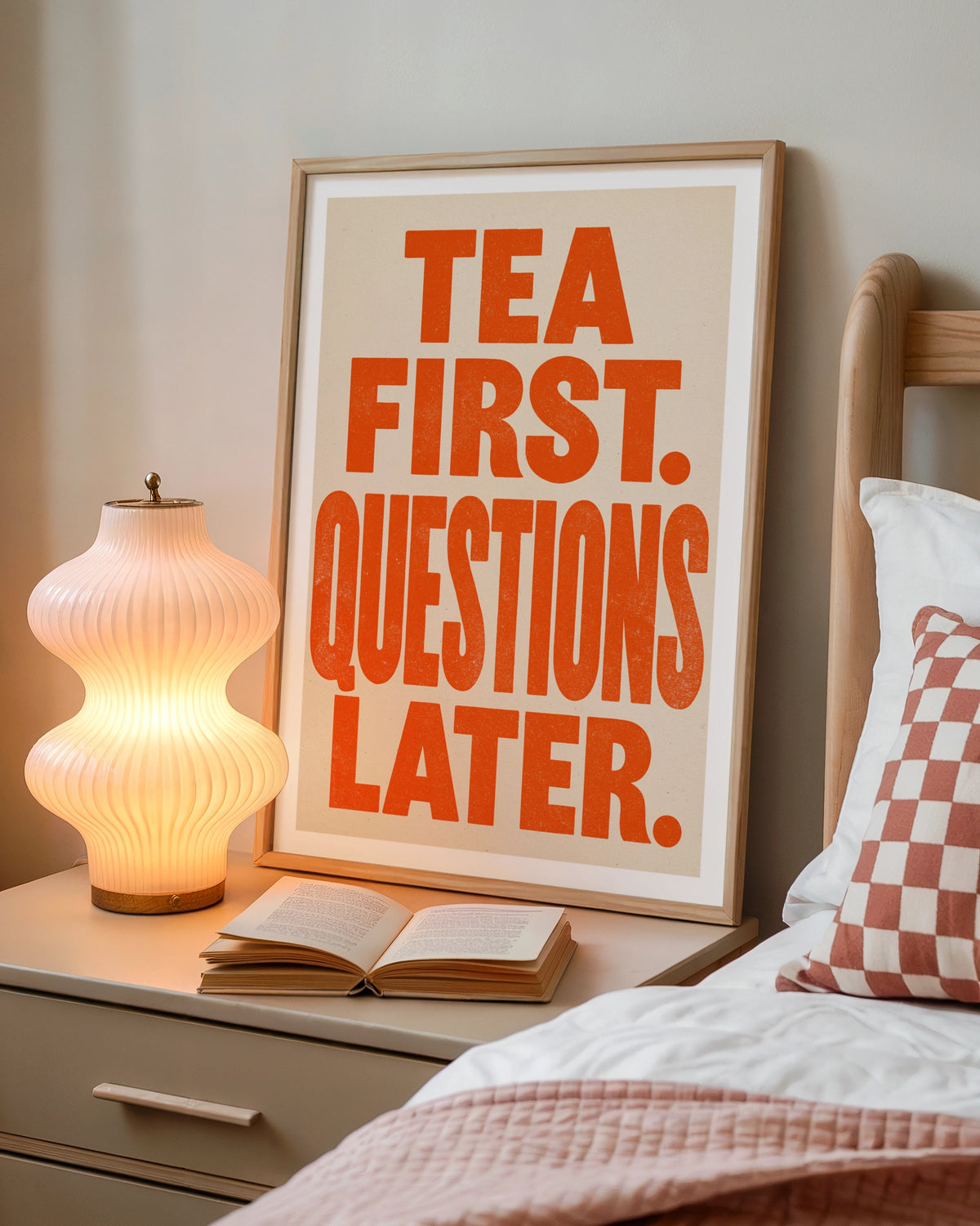 Tea First Questions Later Print, Funny Typography Poster, Orange Kitchen Wall Art