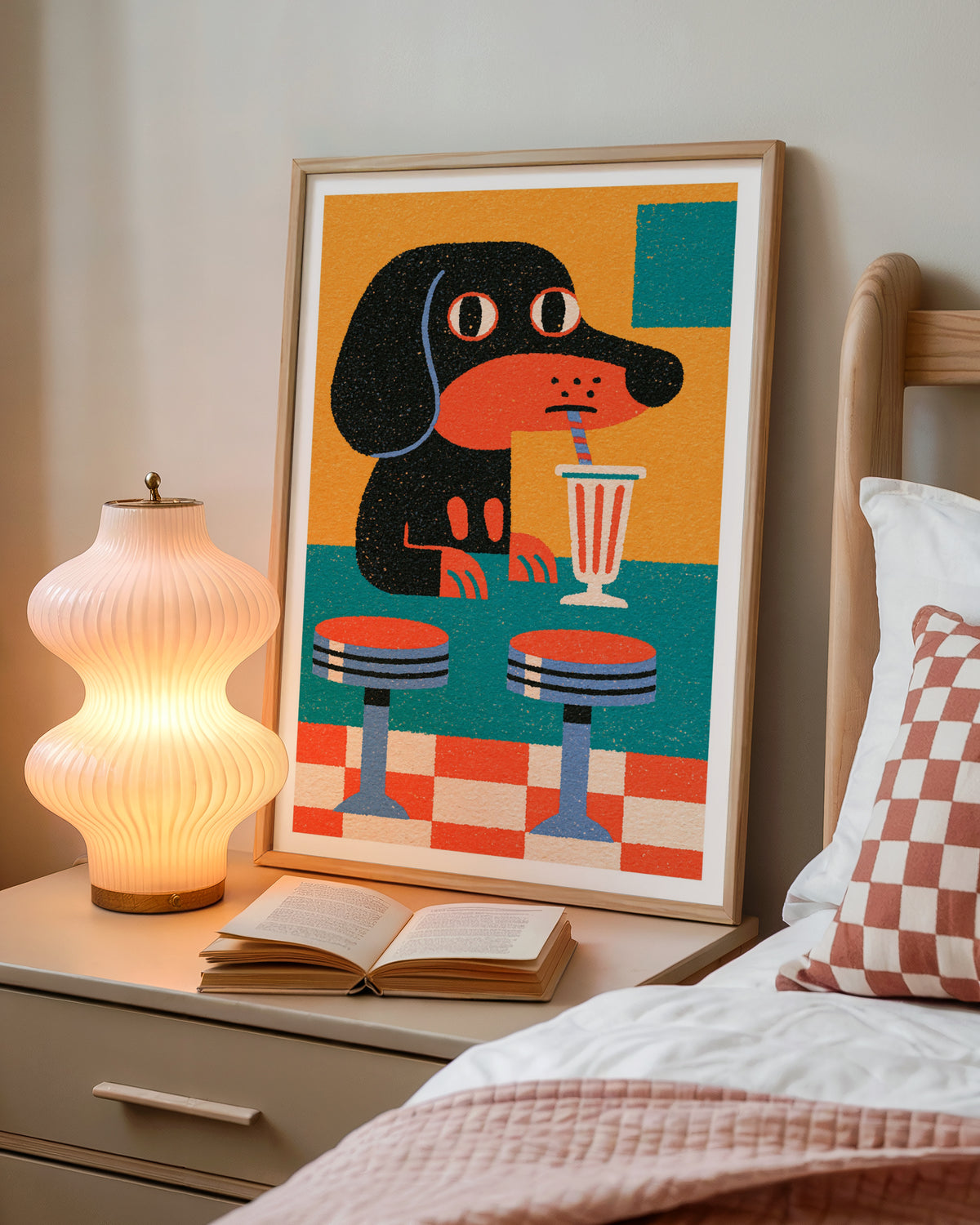 Retro Dachshund Diner Art Print, Sausage Dog Milkshake, Funky Dog Wall Art, 1950s Folk Style