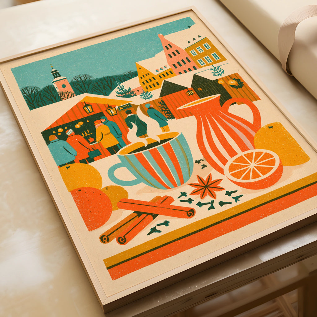 Vintage Food Poster Print, Mulled Wine Christmas Market, Rustic Kitchen Decor, Retro Mid Century