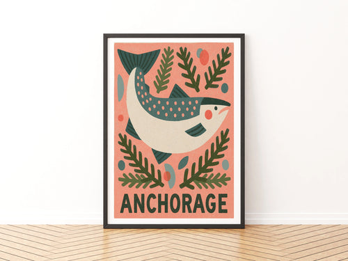 Anchorage Alaska Retro Travel Poster, Salmon Fish Print, Vintage National Park Wall Art