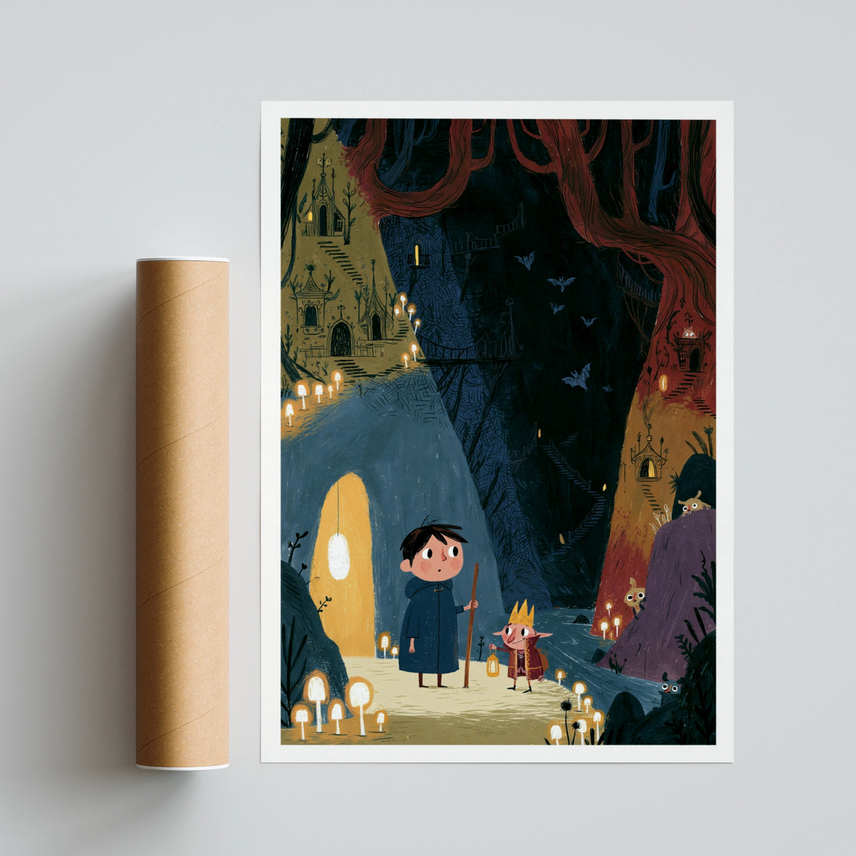 Retro Children's Fantasy Cave Print, Folk Art Kids Poster, Elf King Boy Adventure Wall Art