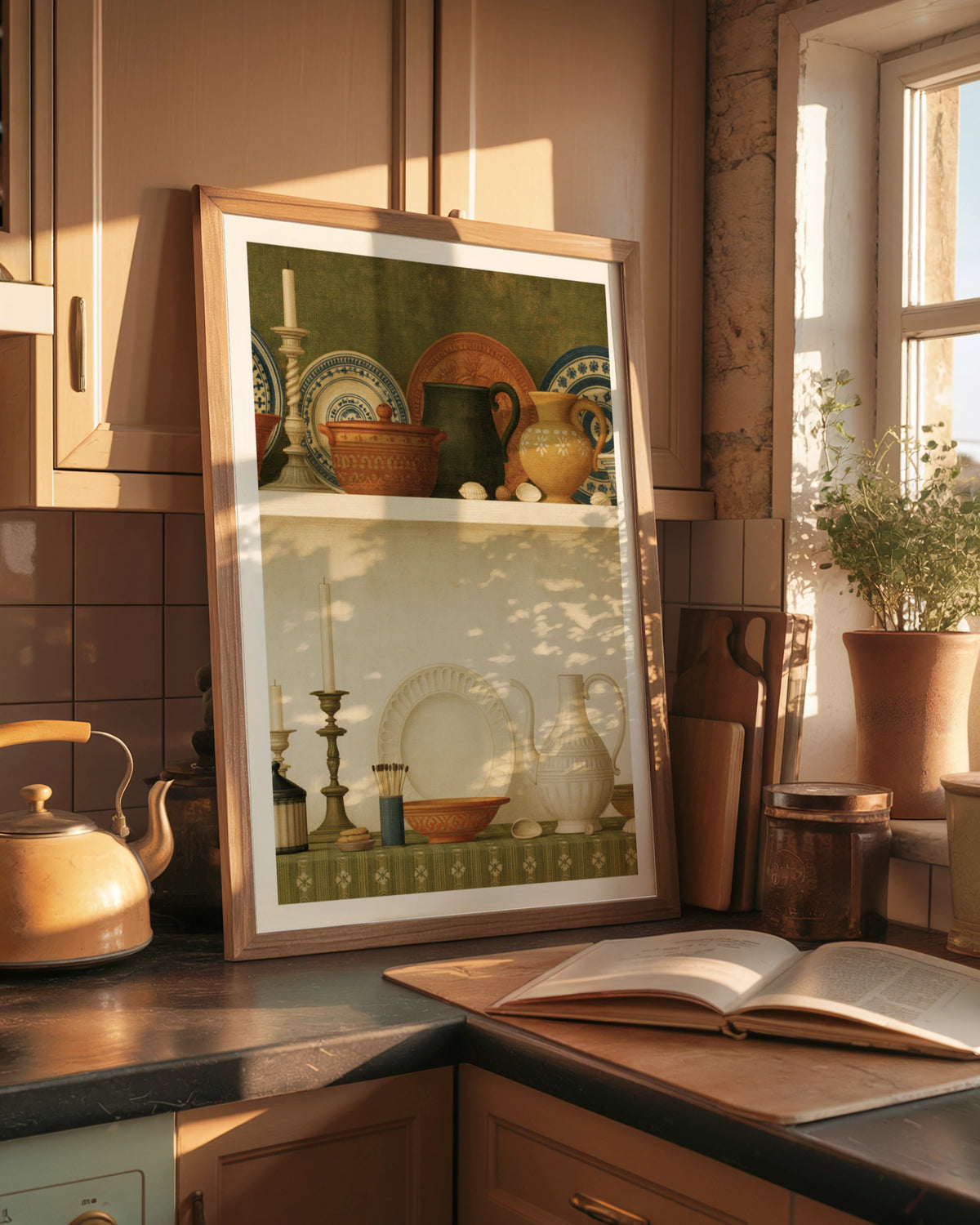 Classic Kitchen Shelf Still Life Print, Vintage Pottery Wall Art, Rustic Ceramic Decor Poster