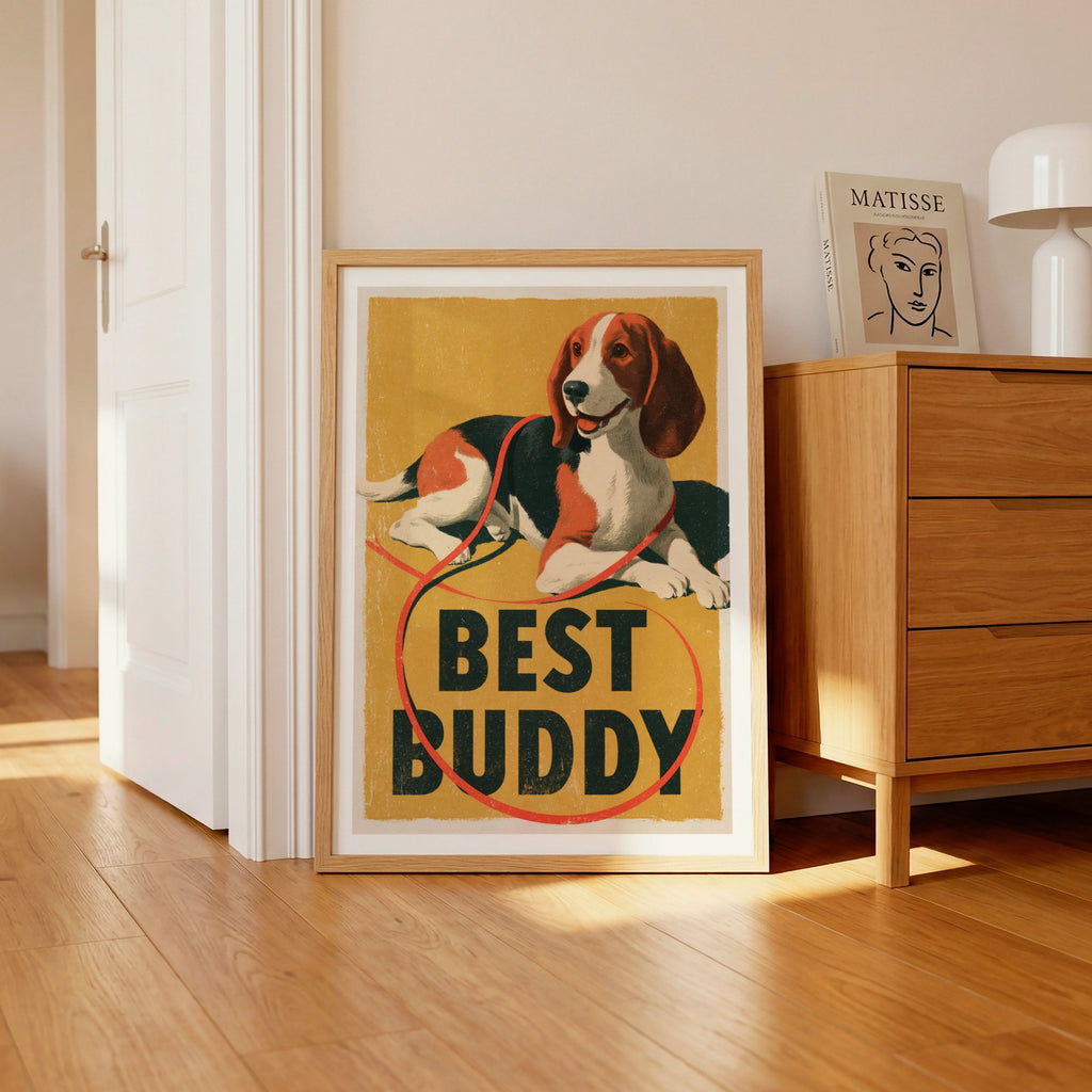 Retro Beagle Poster, Best Buddy Dog Print, Vintage Folk Style Wall Art, Mustard Yellow