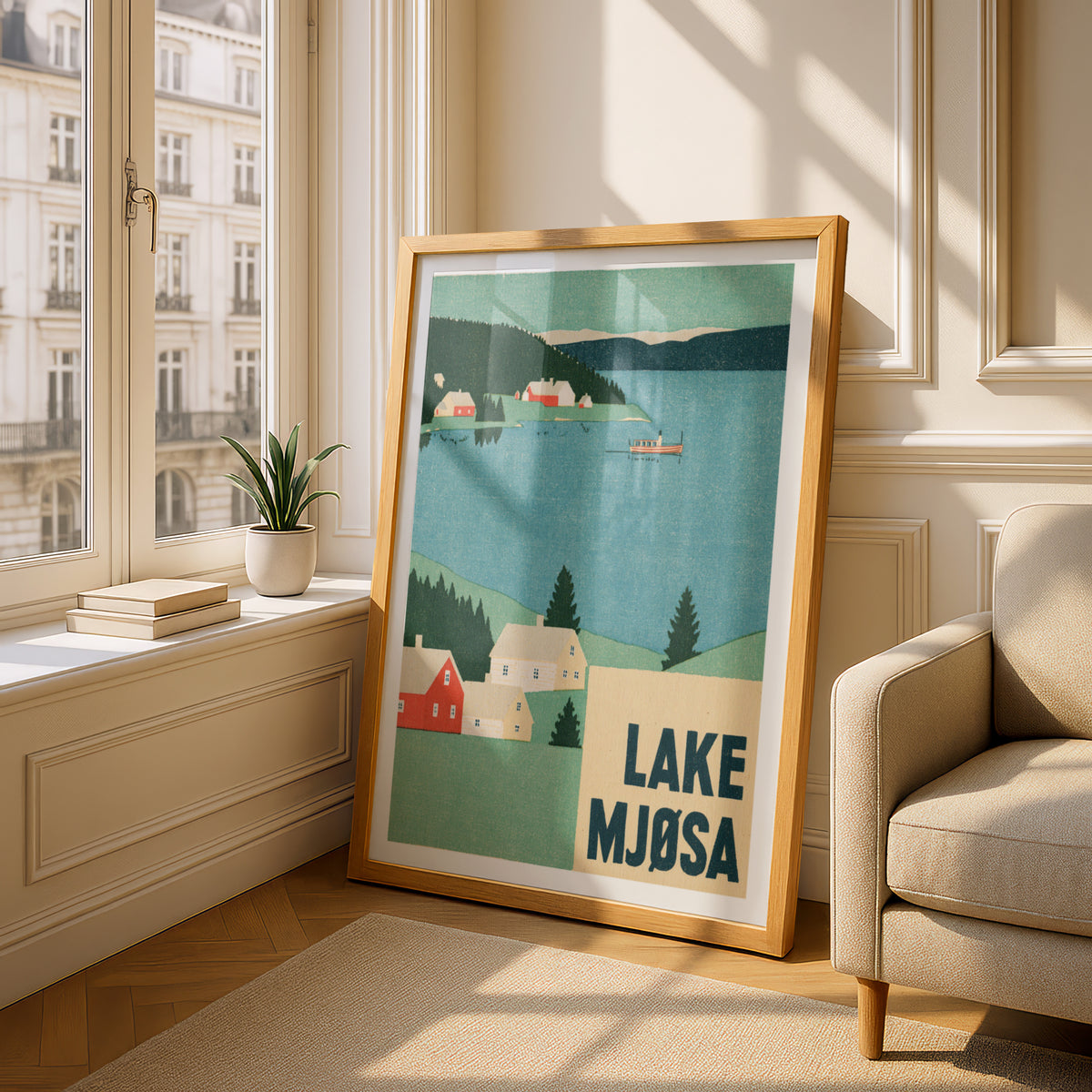 Retro Lake Mjosa Norway Poster, Vintage Travel Print, Scandinavian Wall Art, Norwegian Lake
