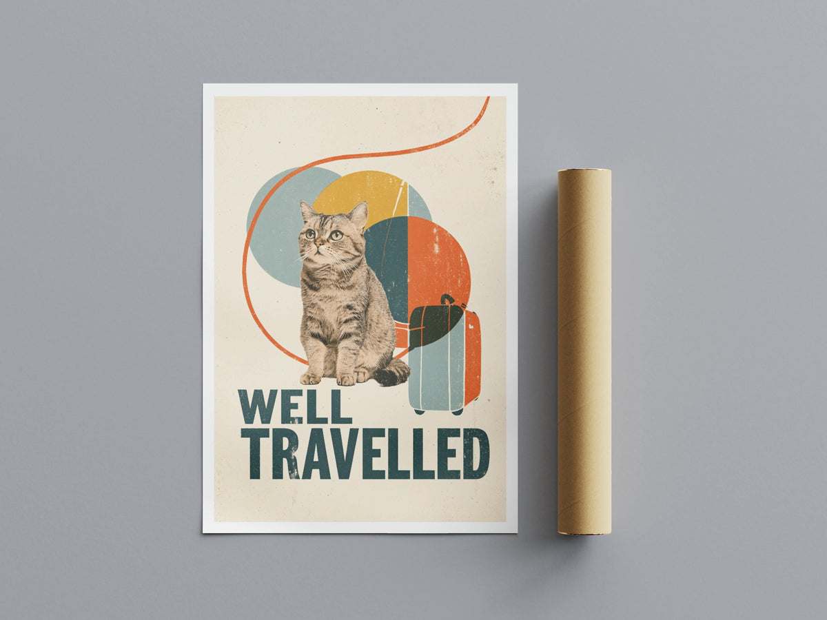 Well Travelled Retro Cat Print, Vintage Travel Wall Art, Funny Cat Gift, Folk Style