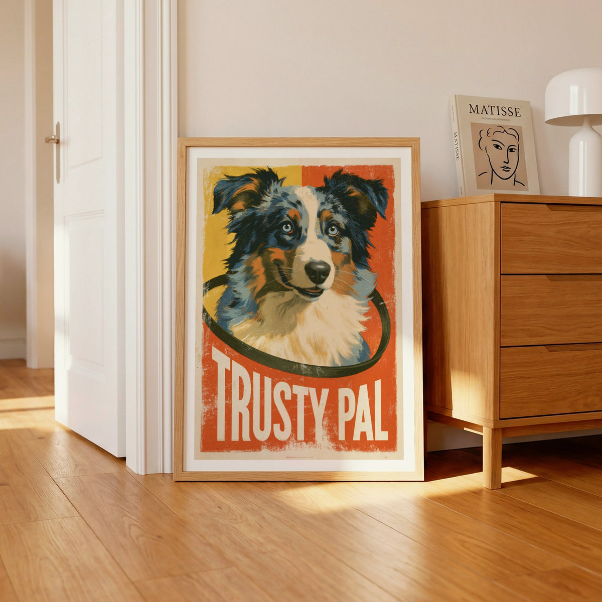 Retro Dog Poster, Australian Shepherd Print, Trusty Pal Folk Art Wall Decor
