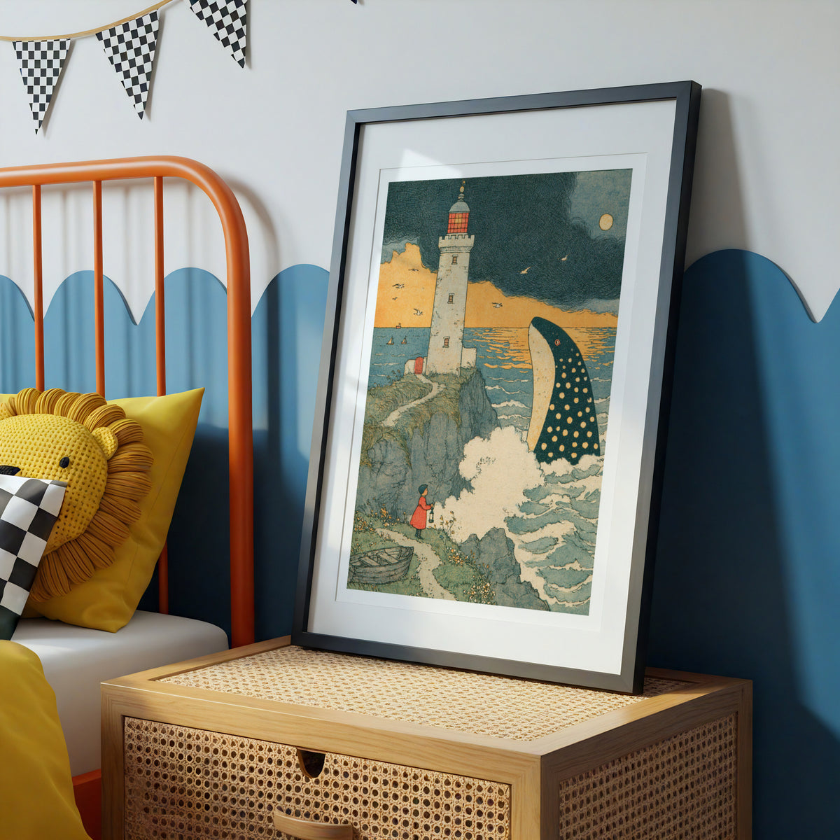 Vintage Storybook Lighthouse Print, Whale Illustration, Coastal Nursery Wall Art, Child with