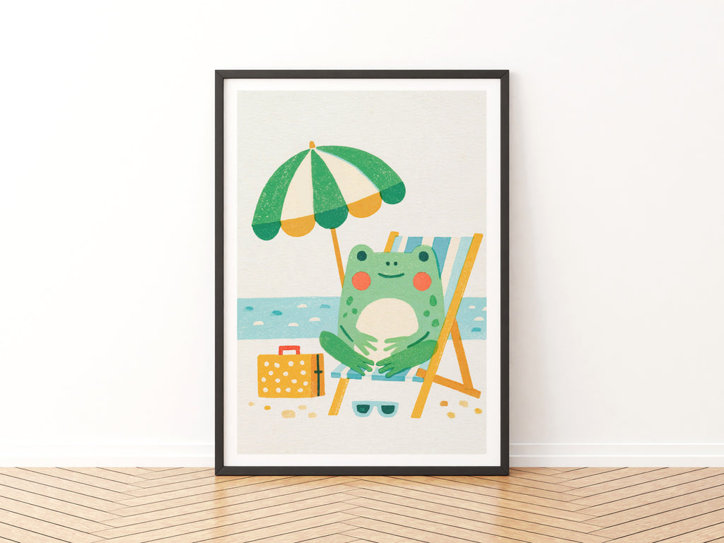 Retro Frog Beach Print, Vintage Style Wall Art, Cute Frog Poster, Kids Room Nursery Decor