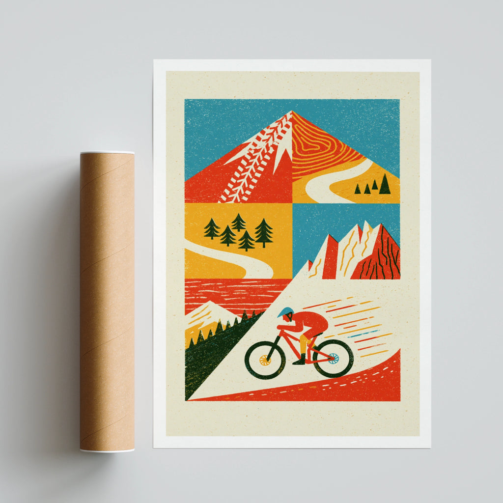 Mountain Bike Retro Poster, Cycling Wall Art Print, MTB Gift, Outdoor Adventure Decor