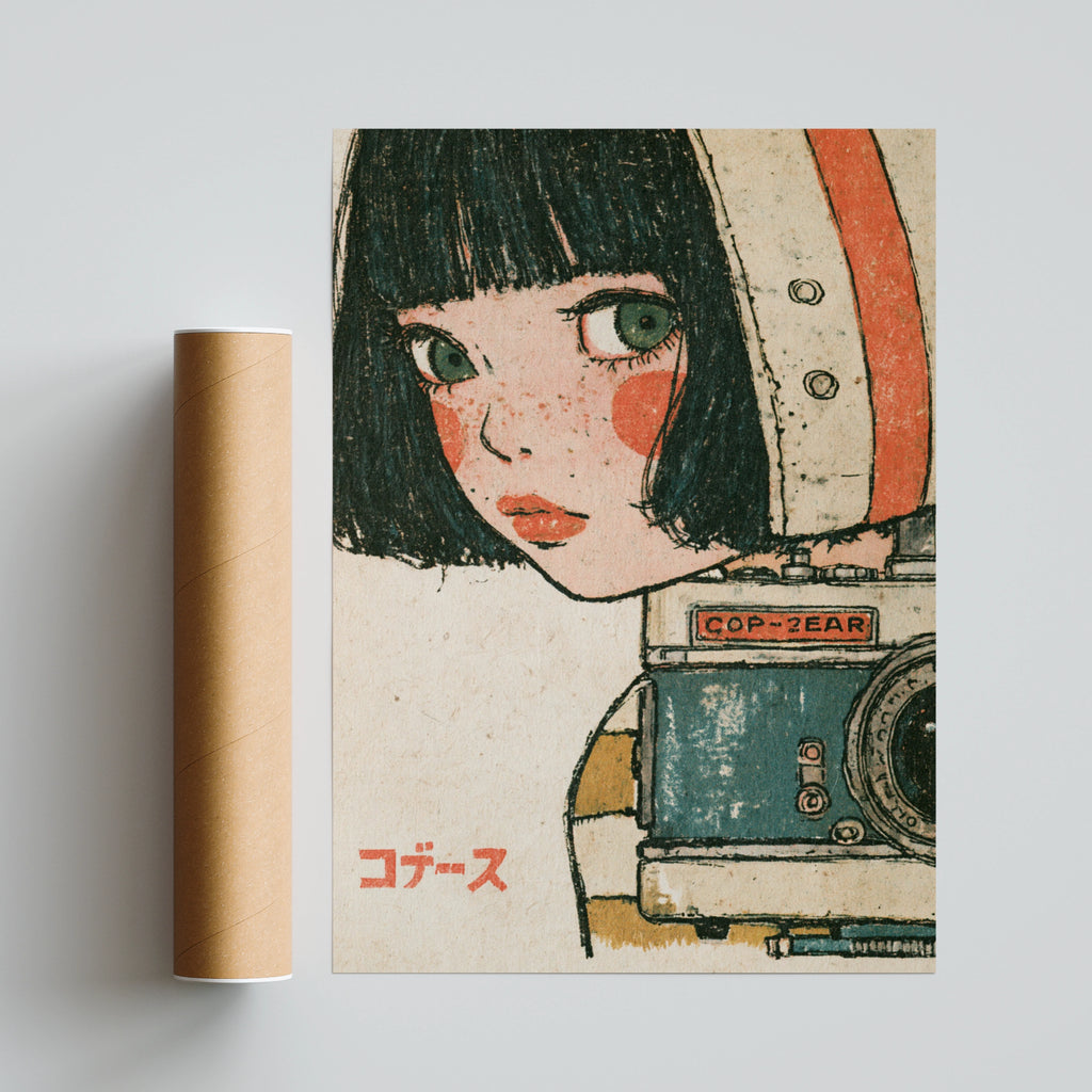 Retro Japanese Girl Camera Poster, 1960s Vintage Anime Style Art Print, Kawaii Wall Decor
