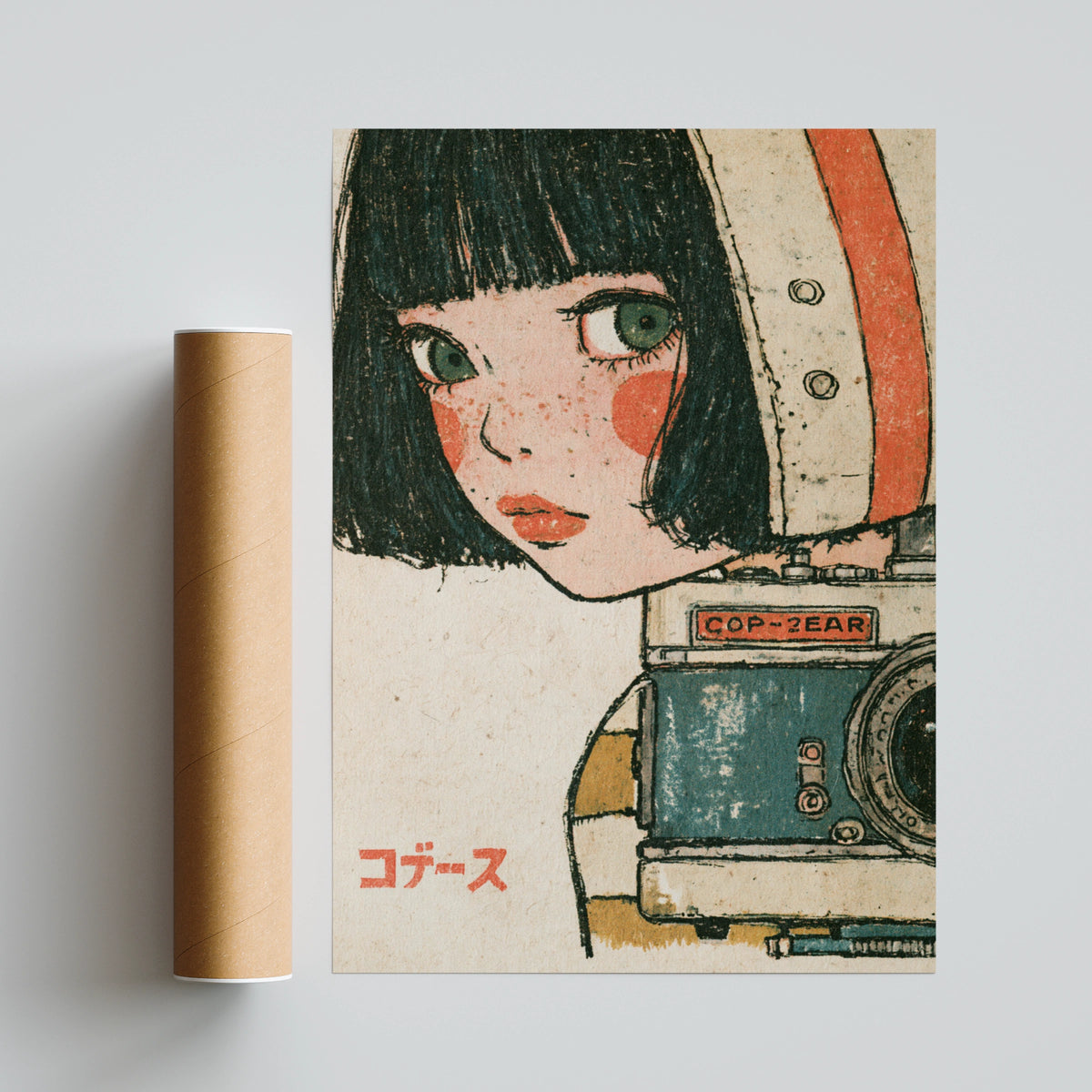 Retro Japanese Girl Camera Poster, 1960s Vintage Anime Style Art Print, Kawaii Wall Decor