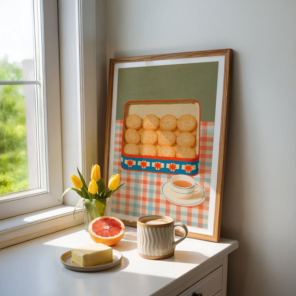 Vintage Food Poster Print, Biscuit Tin and Tea Cup, Rustic Kitchen Decor, Retro Mid Century