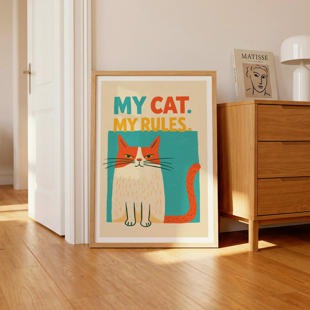 My Cat My Rules Retro Cat Print, Funny Cat Wall Art, Ginger Cat Folk Art Print