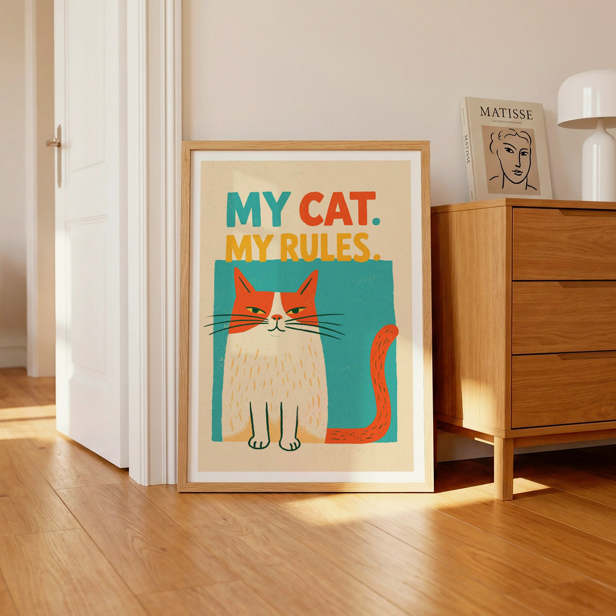My Cat My Rules Retro Cat Print, Funny Cat Wall Art, Ginger Cat Folk Art Print