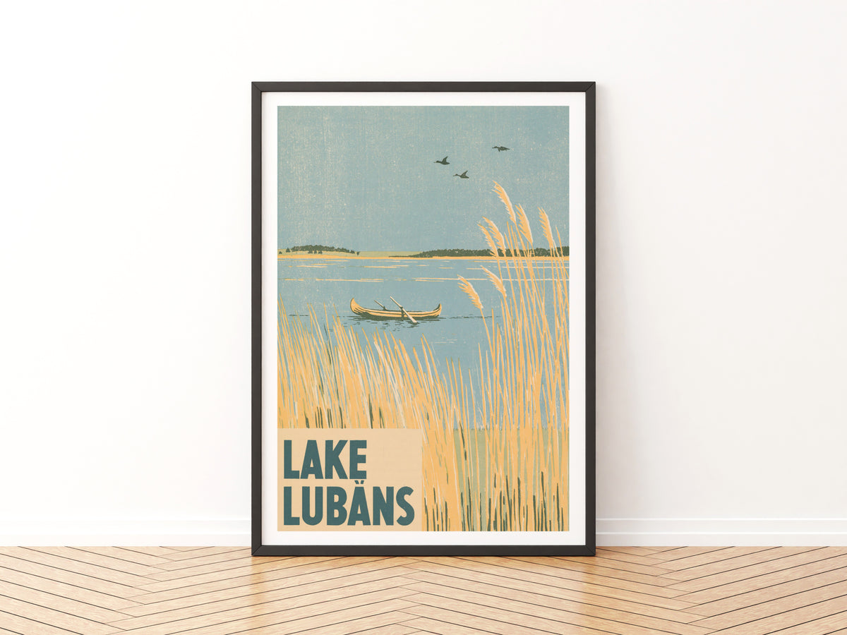 Retro Lake Lubans Poster, Vintage Travel Print, Latvia Wall Art, Reed Lake Landscape, Woodblock